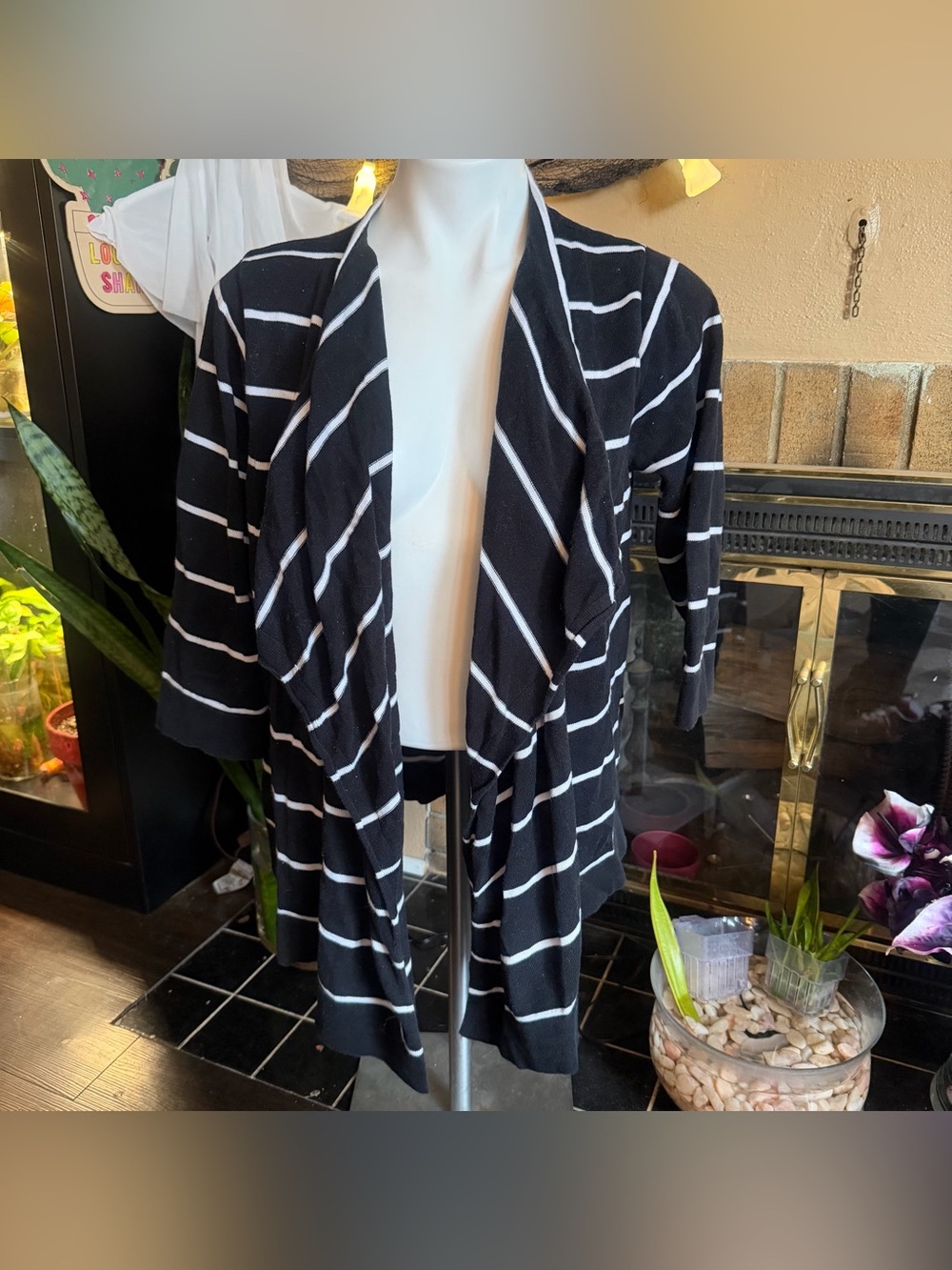 Eight Eight Eight Black and White Striped Open-Front Women's Cardigan Sweater